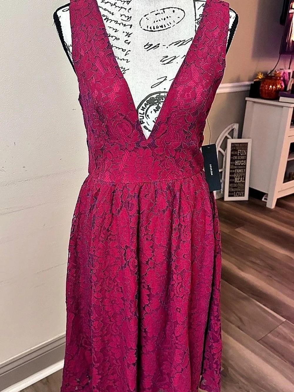 Lulus Tawny Magenta Metallic Lace Skater Dress Pink & navy Small